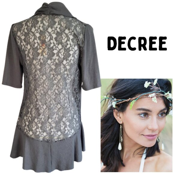 DECREE Armory Gray Ruffle Front Lace Back Open Cardigan - NWT Women's Large - Picture 1 of 6